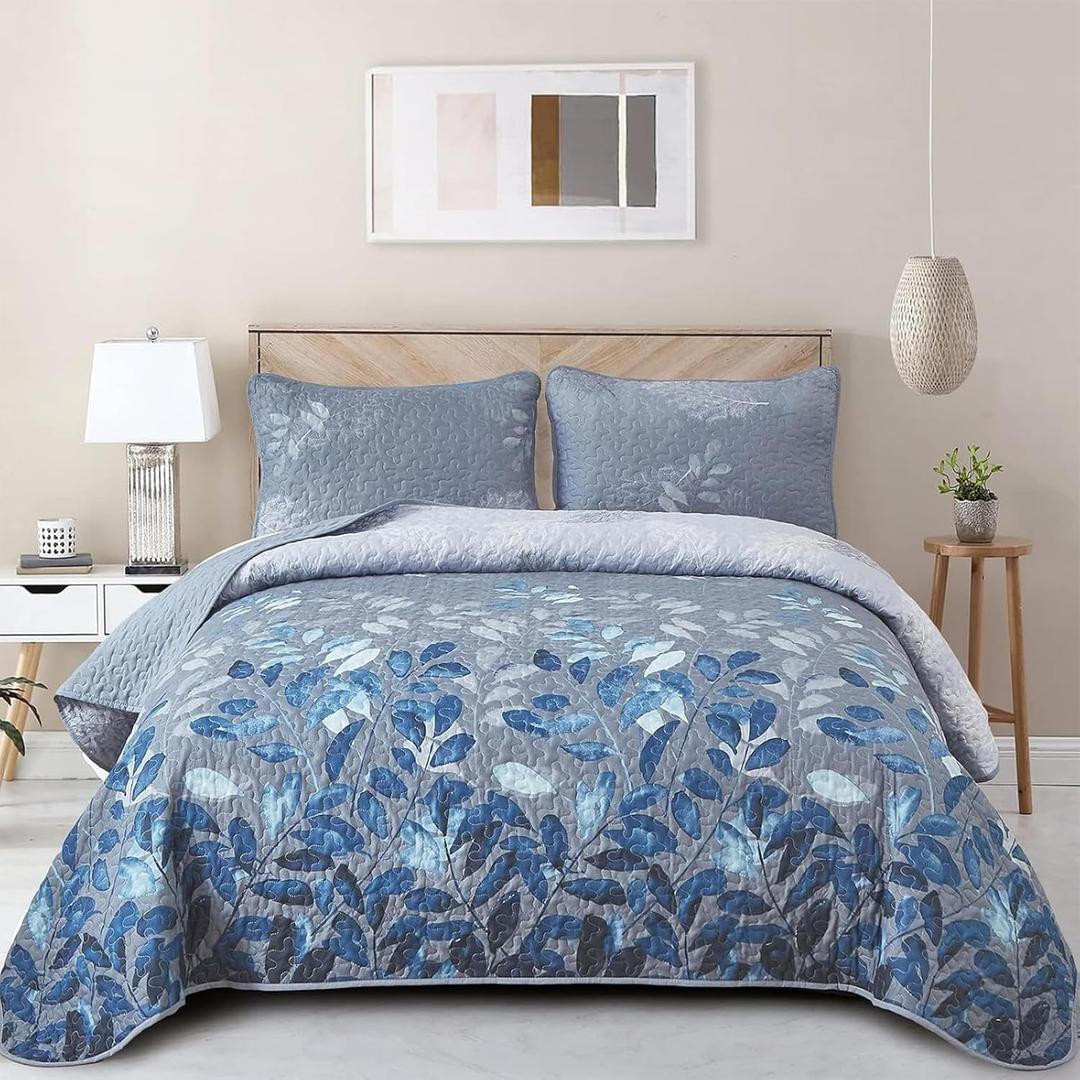 WONGS BEDDING Blue Quilt Set Queen Size, 3 Pieces Navy Blue Floral Bedspread Coverlet Set, Soft Microfiber Lightweight Grayish Blue Gradient Floral Bedding Set Queen 96"x90" WONGS BEDDING Blue Quilt Set Queen Size, 3 Pieces Navy Blue Floral Bedspread Coverlet Set, Soft Microfiber Lightweight Grayish Blue Gradient Floral Bedding Set Queen 96"x90"