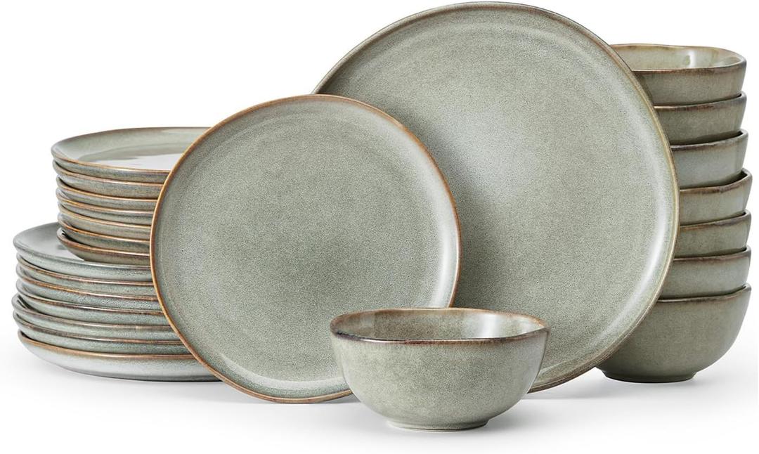 Stoneware Dinnerware Sets for 8, Reactive Glaze Plates and Bowls, Grey