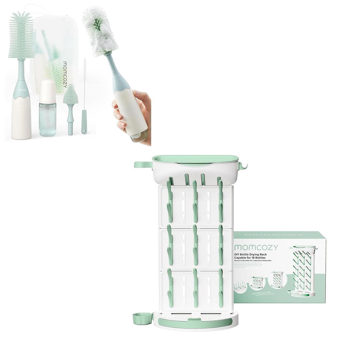 Momcozy Bottle Brush Kit, Innovative Push-Press Design for Better Cleaning & Momcozy DIY Larger Bottle Drying Rack for 18 Bottles