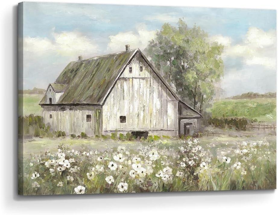 rttitue Barn Canvas Wall Art Painting: Farm Scene Picture Hand Painted Rustic Country Landscape Print Rural Meadow Artwork for Farmhouse Bedroom Living Room Decor (24x16 inch)