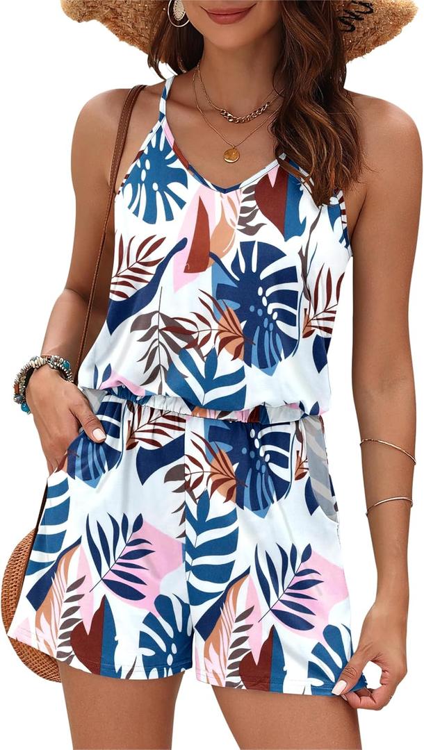 MISFAY Womens Summer Loose V Neck Spaghetti Strap Short Jumpsuit Rompers 2026 (L)