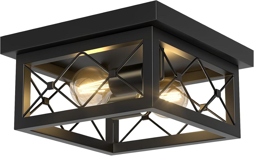Aolloa Black Flush Mount 2-Light Hallway Light Fixtures with Vintage Metal Square Ceiling Lamp for Kitchen, Living Room, Bedroom