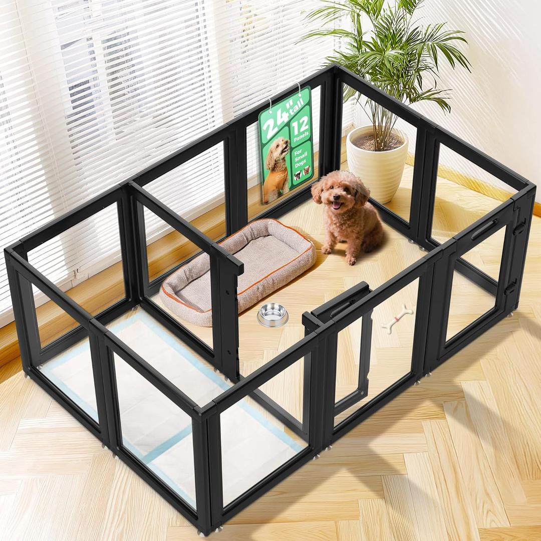 FXW AuraSpace Acrylic Indoor Dog Playpen for Puppies and Small Dogs, 24 Inch, 12 Panels, Black