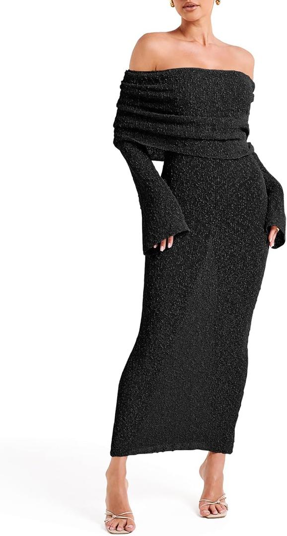 Saodimallsu Womens Off Shoulder Summer Maxi Dress Bell Long Sleeve Sexy Bodycon Strapless Sheer Beach Swimsuit Coverup (L)