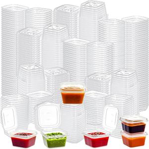 Elsjoy 300 Pieces 1 oz Square Containers with Hinged Lids, Disposable Dipping Sauce Cups Small Plastic Condiment Cup, Leak Proof Square Sauce Container For Food Samples, Salad Dressing