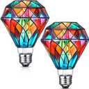 Baquler 2 Pcs Stained Glass LED Light Bulb Diamond Shape E26 Base A60 6 Watts G95 Shape Colorful Flickering Light Bulbs for Christmas, Home Balcony Garden Party Decoration (Retro)
