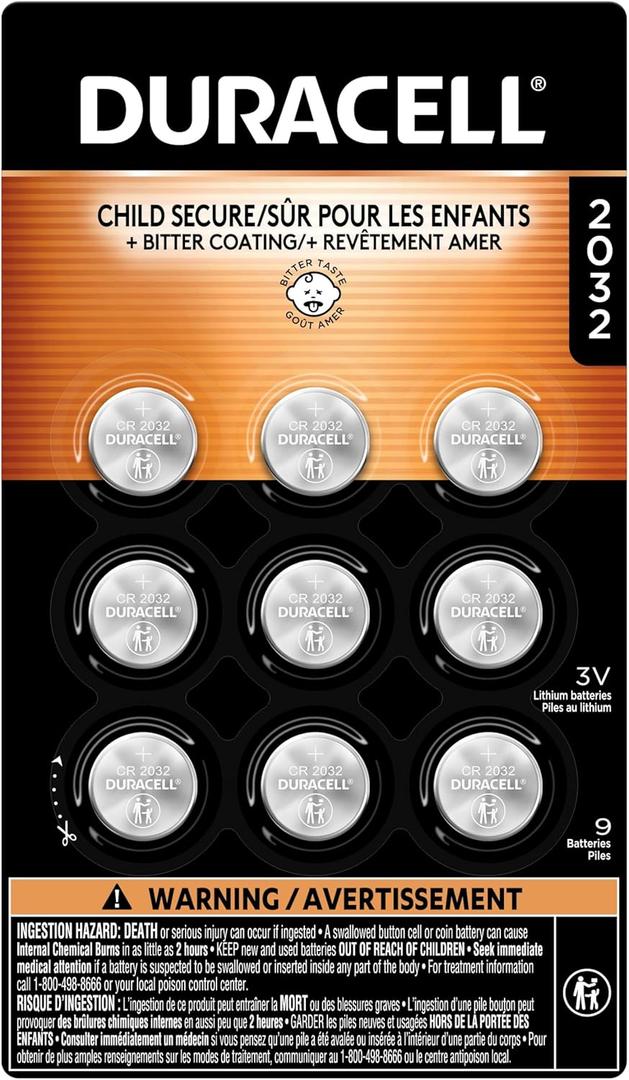 Duracell 2032 Lithium Battery, 9 Count (Pack of 1), Child Safety Features, Compatible with Key Fob, Tea Light Candles and Other Devices, CR2032 Battery