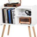 Mid-Century Record Player Stand, Vinyl Record Cabinet Holder with Storage Up to 100 Albums, Record Player Table for Living Room Bedroom Office, Turntable Stand with Wood Legs, White