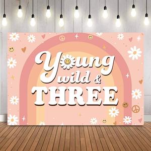 Young Wild and Three Backdrop Girl's 3rd Birthday Party Background Rainbow Daisies Pink Birthday Backdrop 70s Theme Party Decoration Supplies (7x5ft)