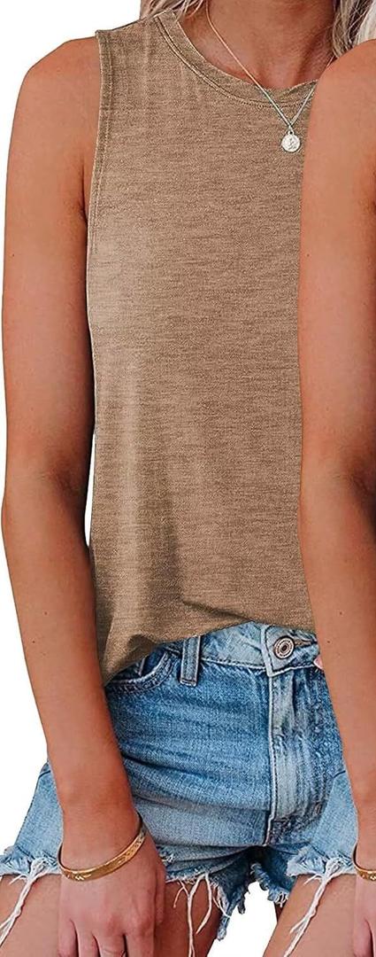 KKJ 2 Pack Womens Tank Tops Workout Basic Tees Summer Clothes Fashion Outfits Crew Neck Sleeveless Loose Fit Casual Shirts (Small, Khaki)