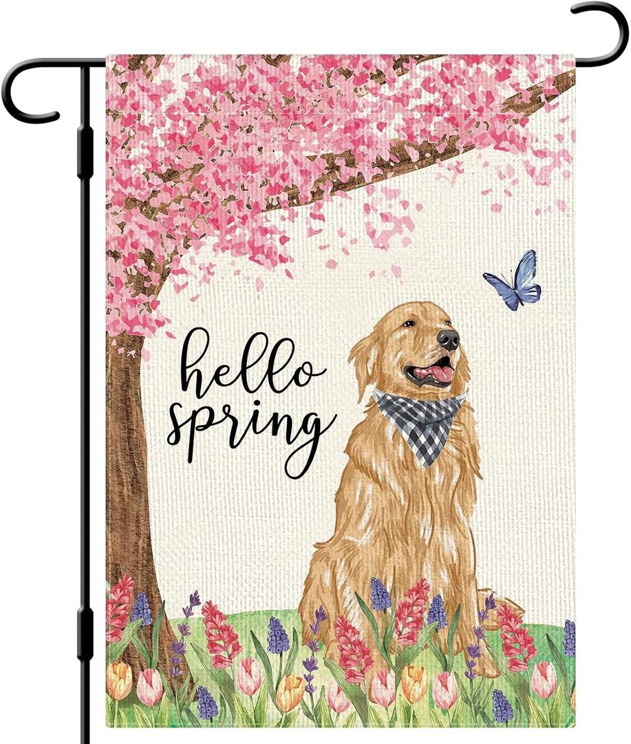2 x DLZDN Hello Spring Dog Garden Flag Golden Retriever Floral Flag 1218 Inch Double Side Vertical Burlap Farmhouse Yard Flag Seasonal Outdoor House Decoration