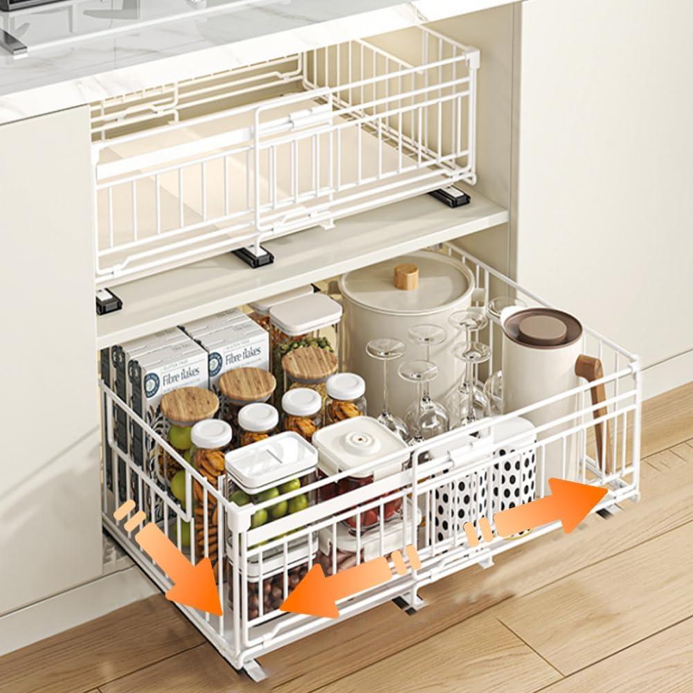 Expandable Pull Out Cabinet Organiser, No Drill Adhesive Slide Out Kitchen Drawer Shelf Durable Metal for Under Sink, Cupboard, Pantry, Adjustable Width (12.8"-19.7") (Style B White, 2 Pack) | Pull-out Kitchen Drawer Organiser with Telescopic Drawers, Space Saving for Pantry and Cabinet, White