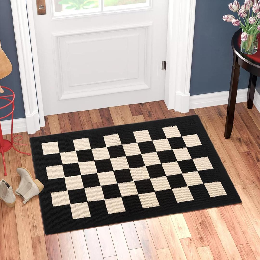Indoor Door Mat Front Door Mat, 20"x 32" Checkered Geometric Doormat Black Indoor Rugs, Thin Interior Door Mats for Entryway, Patio, Black