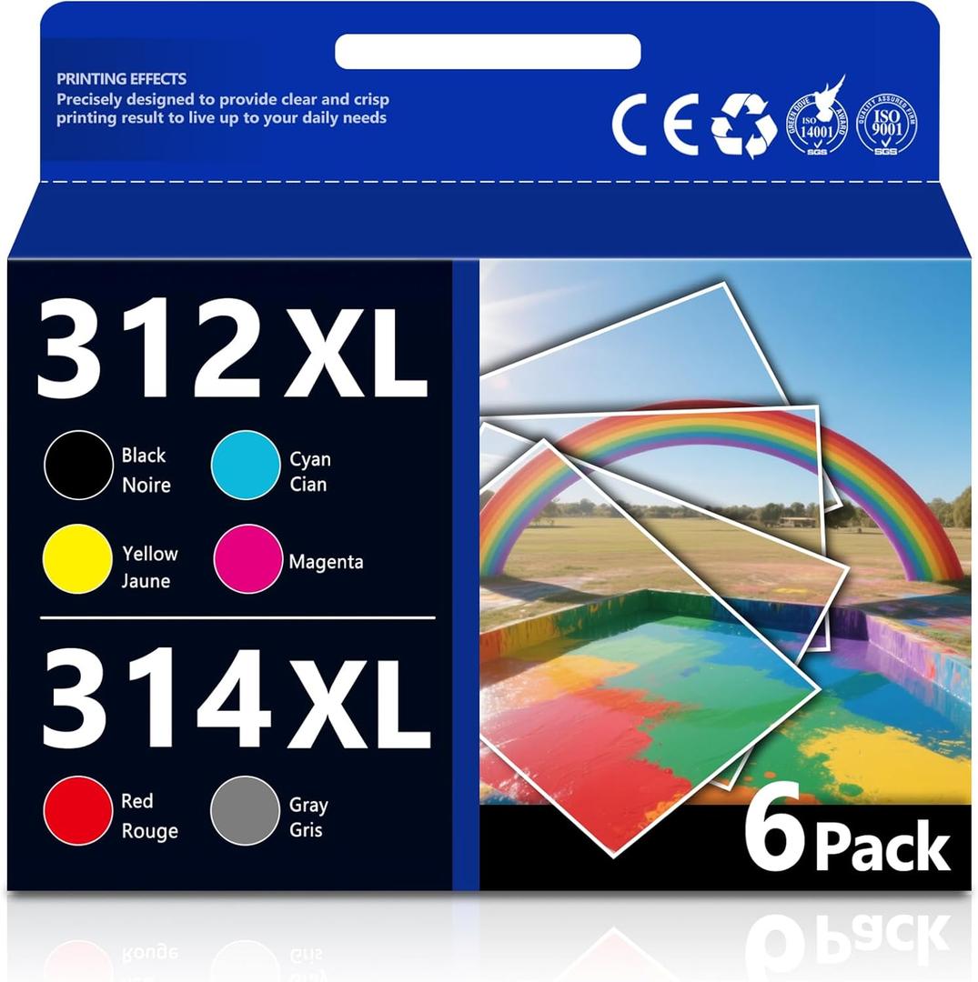 312XL 314XL High Yield Ink Cartridges combo pack Replacement for 312XL 314XL Ink Cartridge with Expression Photo XP-15000 XP-8500 XP-8600 Printer (6-Pack, Black, Cyan, Magenta, Yellow, Red, Gray)