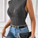 SOLY HUX Women's Sparkly Mock Neck Tank Top Sleeveless Lettuce Trim Elegant Party Tops (L)