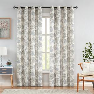 Floral Botanical Light Filtering Curtain Panel with Green and Blue Leaf for Rustic Farmhouse Linen Texture Grommet Top Window Treatment Drapes for Living Room Bedroom 52"x84", 2 Panels