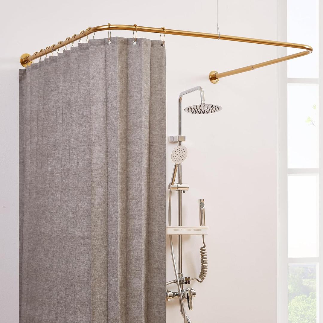 U Shaped Corner Shower Curtain Rod, [Both Sides: 23.6"-52", Middle: 31"-46.7"] Adjustable U Shape Pole No-Sagging Curtain Rod for Bathroom Outdoor with 12 Ring Hooks & Ceiling Support - Gold
