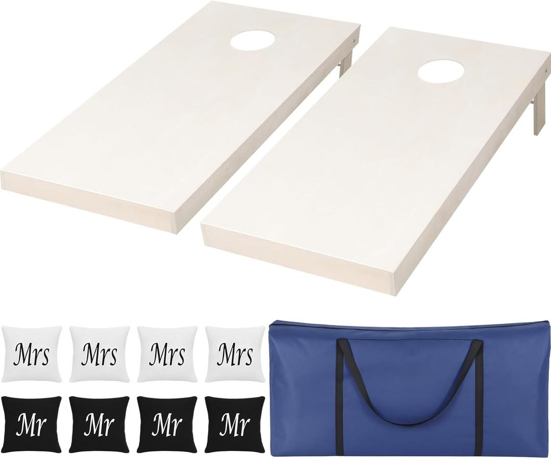 Soulchen Wedding Cornhole Set - 4 x 2 ft Solid Wood Cornhole Game Boards Set of 8 Regulation Size Bean Bag Portable Carrying Case Indoor Outdoor Toss Game for Adults Wedding Party Yard (White)