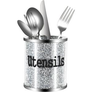 Bling Crushed Diamond Small Kitchen Utensil Holder for Countertop Glass Flatware Silver Utensil Crock Sparkly Gift Utensil Organizer (Silver)