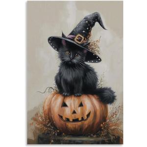 FireDeer Vintage Halloween Canvas Wall Art, Cute Black Cat Witchy Print Poster, Retro Funny Lighted Pumpkin Decoration, Victorian Gothic Wiccan Artwork, Creepy Halloween Pictures (24L" x 16W")
