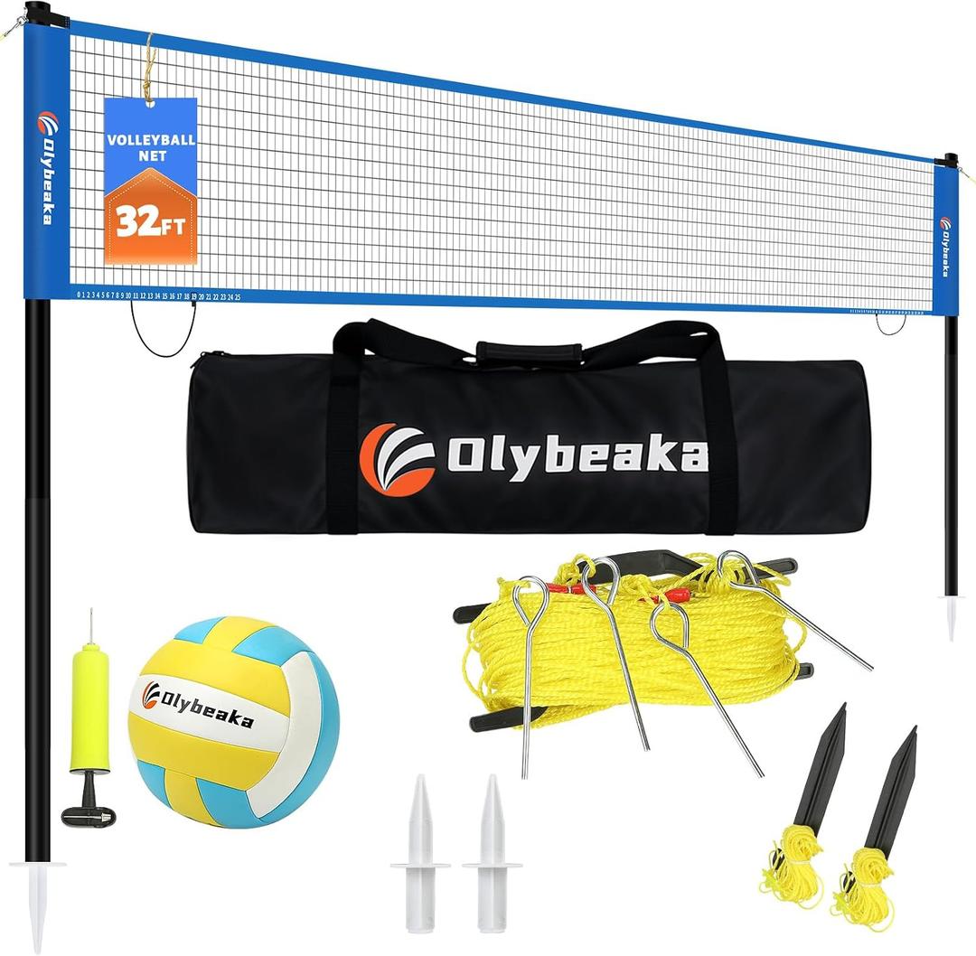 32ft Regulation Size Portable Outdoor Volleyball Net Set System for Backyard Beach with Height Adjustable Poles, PU Volleyball and Pump, Carry Bag, Boundary Line - Easy Set Up & Anti-Sagging