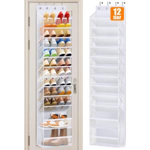 MISSLO 12 Tier Over the Door Shoe Organizer Large Capacity Hanging Shoe Rack for Closet Storage Narrow Sneaker Holder for Door Fit 24 Pairs Sandals, Heels, Boots (White)