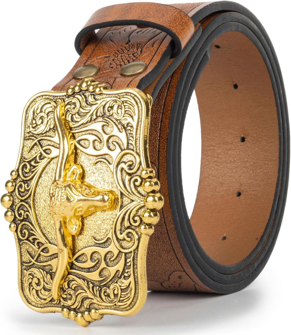 Mawjom Western Cowboy PU Leather Belt - Men Waist Strap Bull Decoration Floral Engraved for Jeans 25" to 38" Waist (Brown-square-buckle)
