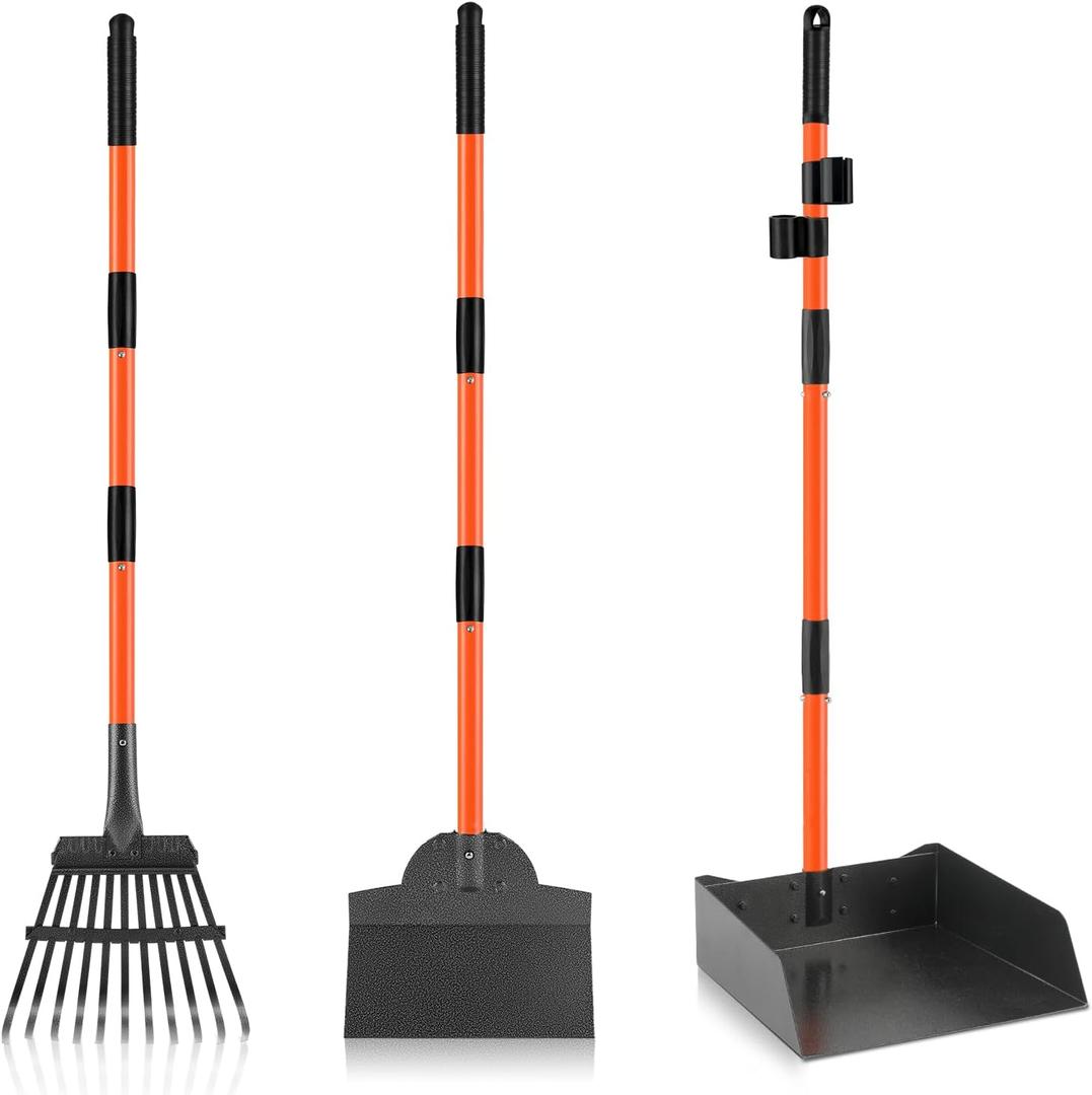 Pooper Scooper, Extra Large Long Handle Dog Pooper Scooper for Dogs Heavy Duty, Pet Supplies Stainless Metal Tray, Spade and Rake Set, Use on Grass, Dirt or Gravel