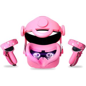 2022 New Upgrade Head Strap for Oculus Quest 2 Accessories,MODJUEGO Adjustable Forehead Strap with Silicone Touch Controller Grip Cover, VR Face Cover and VR Shell Protector Cover Replacement (Pink)