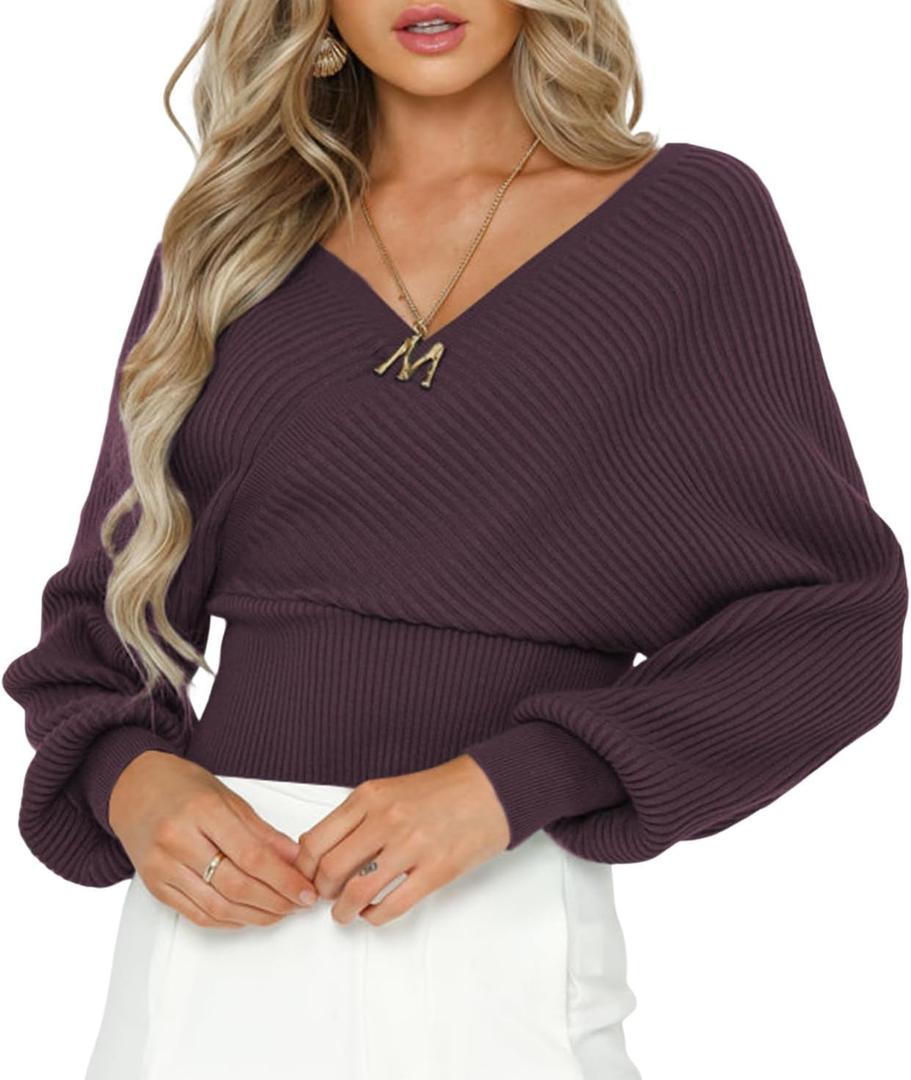 ZAFUL Womens V Neck Cropped Wrap Sweaters Drop Shoulder Lantern Sleeve Pullover Tops Winter Sexy Cross Ribbed Clothes (Large, 45_purple)
