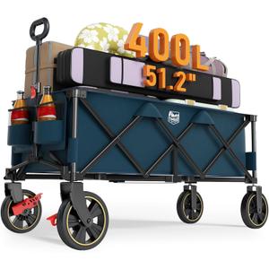 TIMBER RIDGE 51.2'' Extended Collapsible Wagon Cart with Brakes and Cargo Net, Heavy Duty Foldable Utility Wagon with Adjustable Handle, 400L Capacity Portable Cart for Camping Sports Shopping