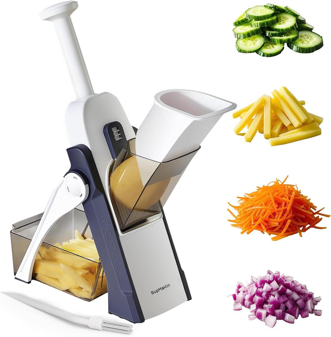 SupMaKin Safe Mandoline Slicer for Kitchen, Potato Slicer, All-in-1 Vegetables Slicer and Chopper, French Fry Cutter, Adjustable Thickness, Dishwasher Safe Chopping Artifact Gift (Blue)
