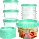 10 Pack 16 oz Freezer Storage Containers with Green Twist Top Lids, Small Plastic Food Storage Soup Meal Prep Containers, Leakproof Overnight Quart Containers for Lunch Leftover Fruit Salad Oat