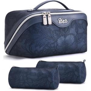 BOYATU Travel Makeup Bags Cosmetic Organizer Bag: 3-Set Large Capacity Make up Bag - PU Leather Toiletry Bags for Women - Wide Open Portable Pouch with Divider & Handle (02-Dark Blue)