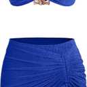 Ruched 3 Piece Swimsuits for Women Ribbed Velvet Bikini Sets with Sarong Coverup Metal Ring Bathing Suit (Small, Royal Blue)
