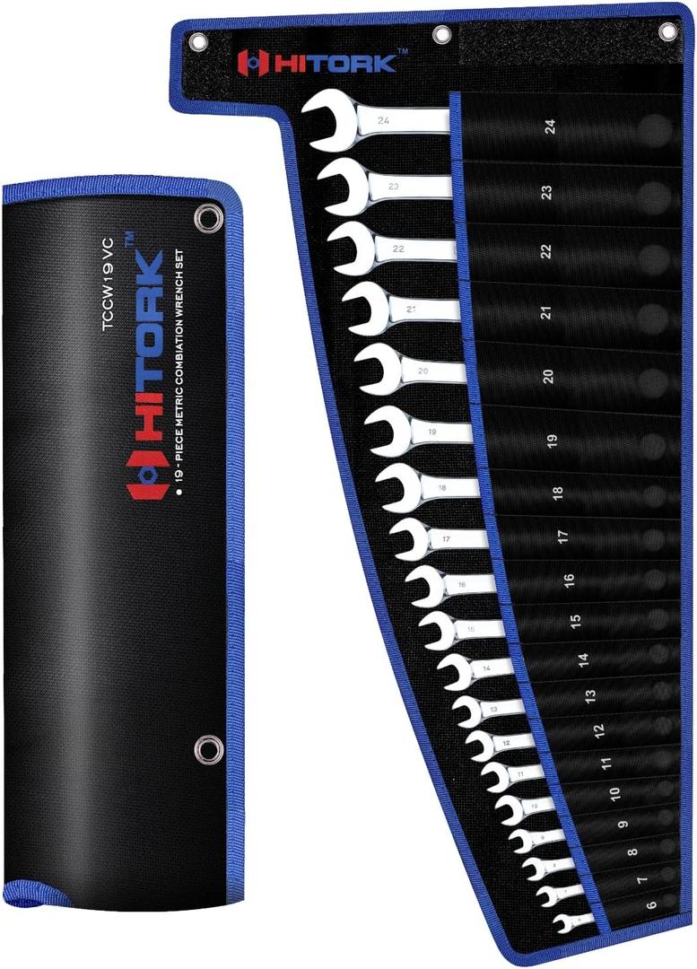 HITORK 19 Piece Metric Combination Wrench Set (624mm) Cr-V Steel Mirror Chrome Finish 12-Point Box End, 15 Offset, Roll-Up Pouch Durable Open End Wrench Set for Home, Garage & Auto Repair