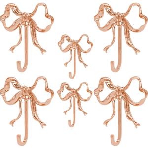 6 PCS Bow Hooks,Rose Gold Bow Hook,Metal Wall Hooks for Hanging,Coats,Hats,Bags,Bath Towels and Room Decorations4 Big&2 Small,Borehole