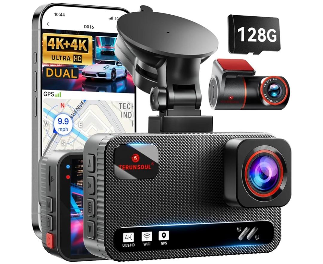 4K+4K Dash Cam Front and Rear, Free 128GB Card Included, 5.8GHz WiFi Dash Camera for Cars, Built-in GPS, G-Sensor, 170°Wide Angle, 3" IPS Screen, 24H Parking Mode, Support 512GB Max