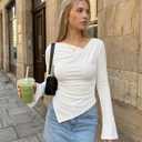 ZESICA Women's Long Bell Sleeve Shirts 2026 Fall Going Out Asymmetrical Crop Tops Slim Fit Ribbed Ruched Y2K Clothes (White, L)