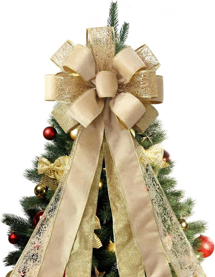 Christmas Tree Topper Bow, 43x13 Inches Large Toppers Bows for Christmas Tree, Glitter Satin Mesh Streamer and Wired Edge, Xmas Ornament Treetop Hanging Decorations & Gift
