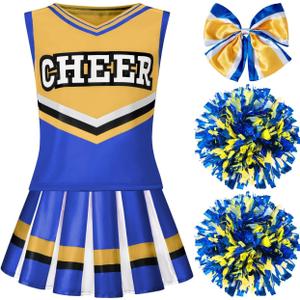 Spooktacular Creations Girl Cheerleader Costume, Halloween Cute Cheer Uniform Outfit with Accessories for Dress Up Parties (Toddler(3-4 yrs), Yellow Blue)