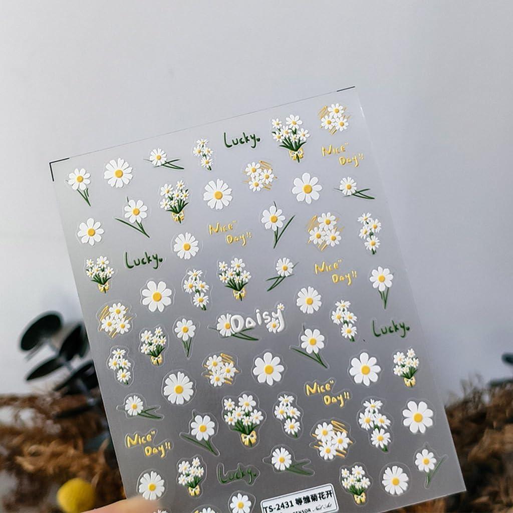 Flower Nail Art Stickers 5D Embossed Flower Nail Stickers Daisy Nail Decals Self Adhesive White Flower Nail Art Stickers Decals Summer Nail Art Supplies for Women DIY Manicure Nail Art Decorations