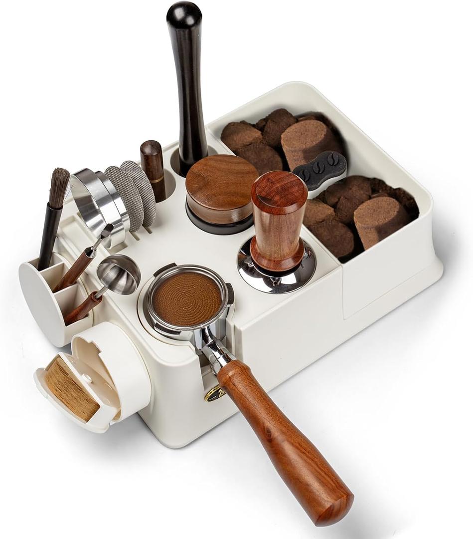 Espresso Tamping Station,11 In 1 Tamper Station Fit for Storage 51/53/58mm Espresso Knock Box, Distributor, Portafilter Holder& Espresso Accessories (White)