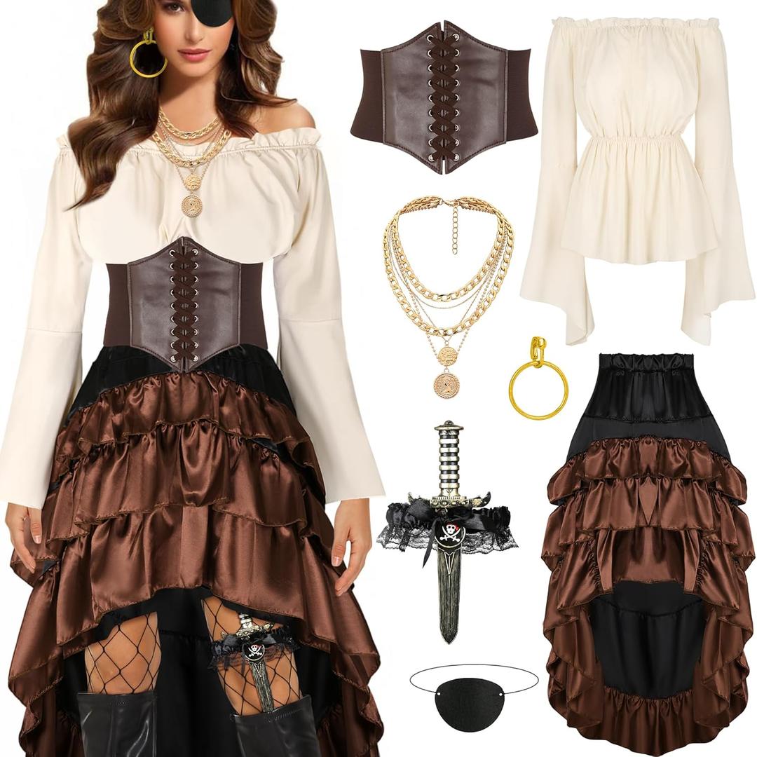 CICOCI Pirate Costume Women Outfits Renaissance Corset Steampunk Skirt Top Pirate Accessories Full Halloween Costume, L