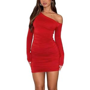 HOT ROEE Women's Off The Shoulder Sexy Bodycon Long Sleeve Ruched Party Club Mini Dress,S