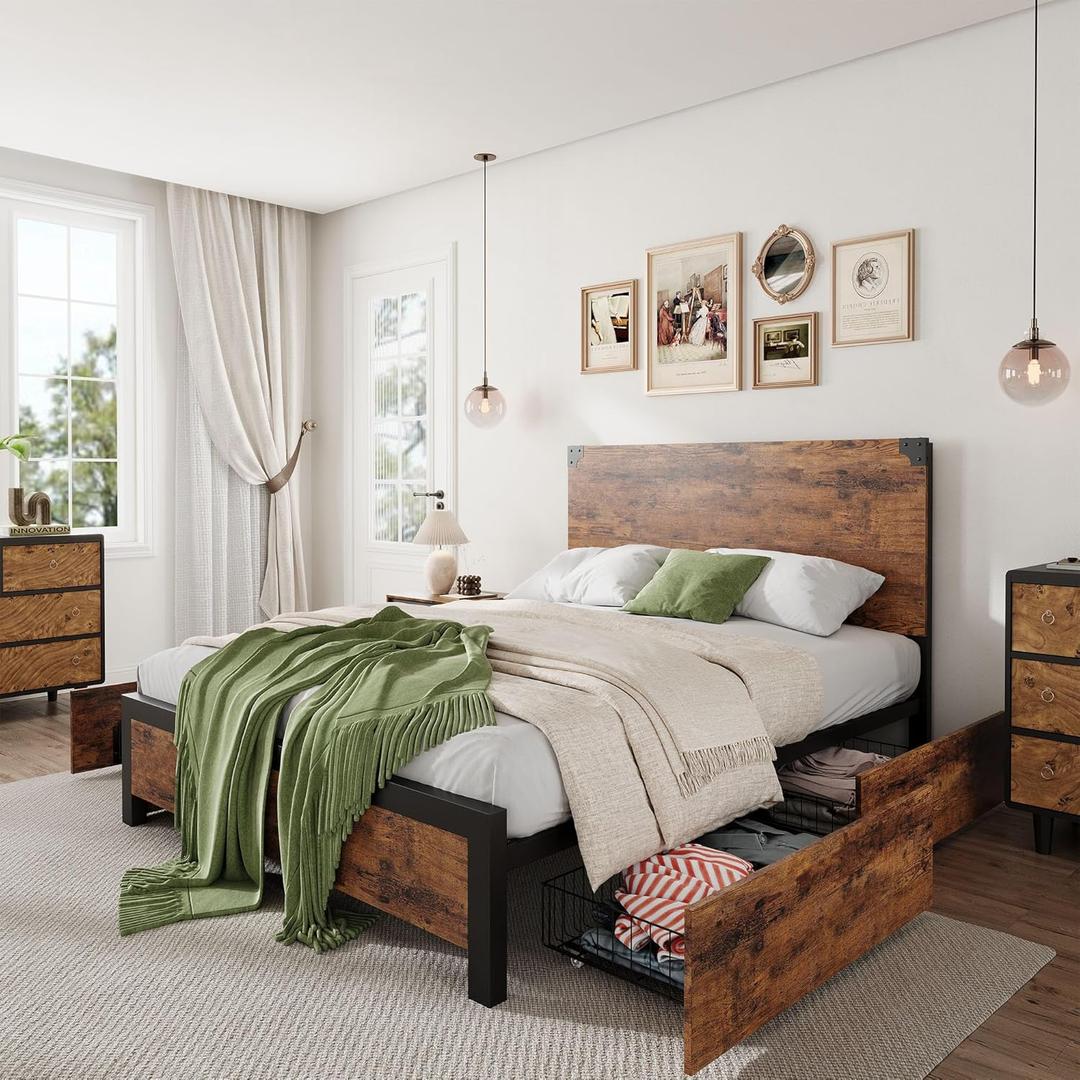IDEALHOUSE Queen Size Bed Frame with 4 Storage, Strong Metal Support Platform Bed Frame with Vintage Wooden Headboard and Footboard, No Box Spring Needed