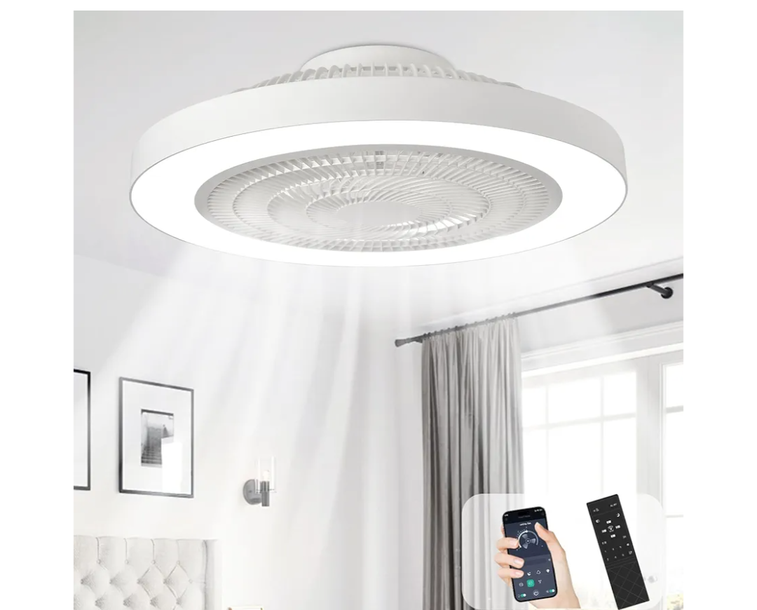 Depuley Modern Ceiling Fan with Light: 19" Bladeless Flush Mount Low Profile LED Ceiling Fans with Remote & Smart APP Control - White Enclosed Fandelier Dimmable Quiet DC Motor for Bedroom Kids Room
