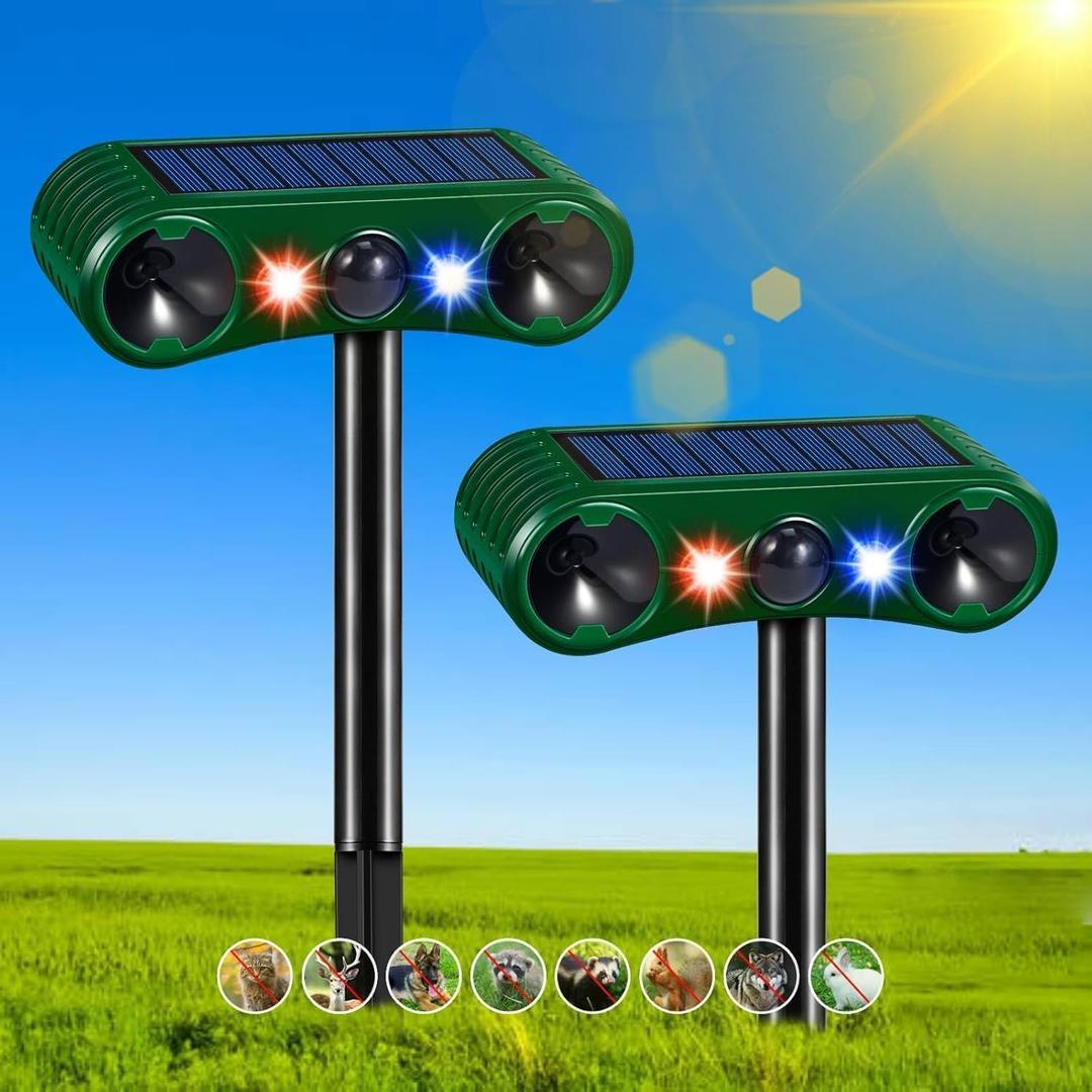 Cat Deer Squirrel Repellent Devices Outdoor, 2025 Solar Ultrasonic Animal Repeller with Motion Sensor&Flash Light to Keep Skunk Dog Rabbit Coyote Raccoon Out of Garden Yard Farm(2Pack)
