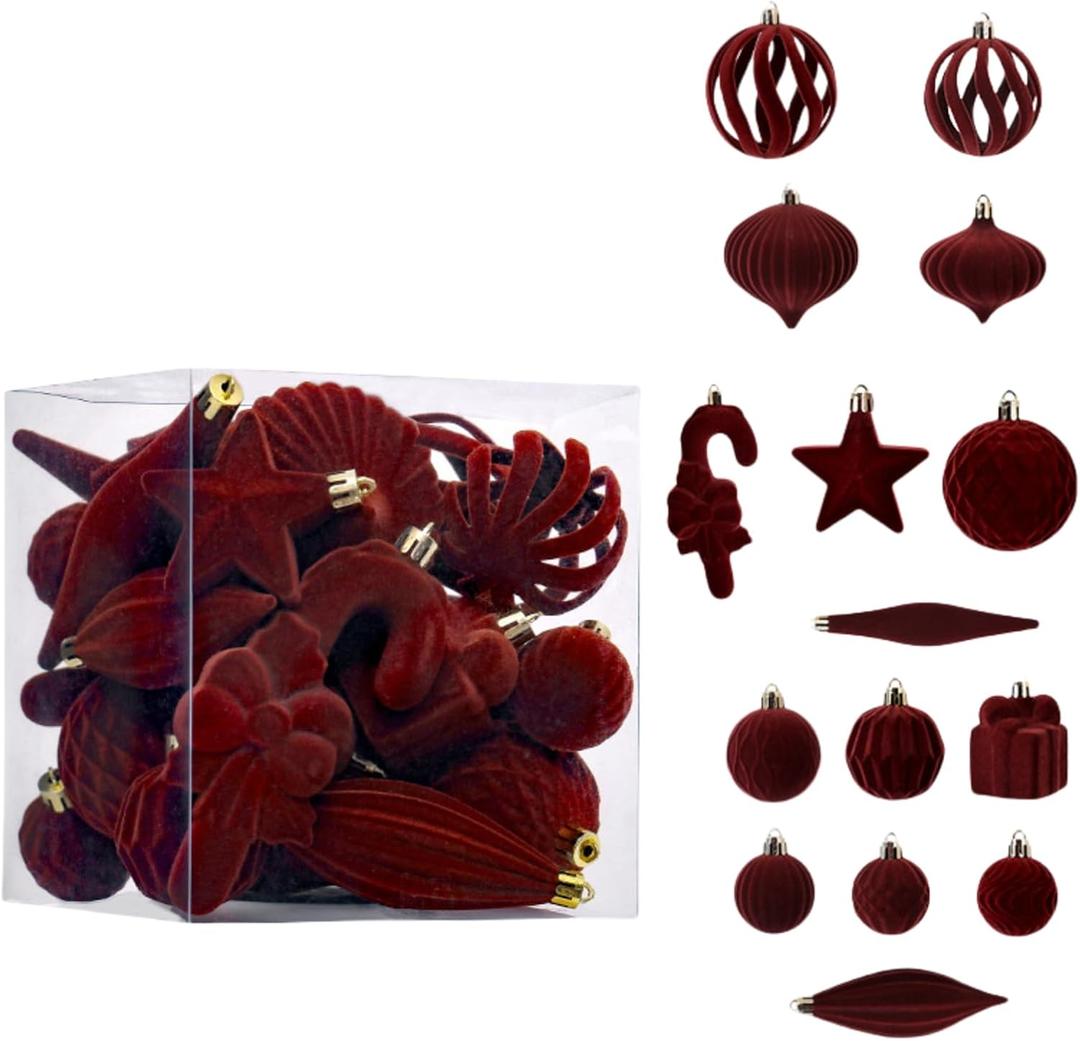 28pcs Velvet Christmas Ball Ornaments Set, Coffee Flocked Shatterproof Christmas Tree Ornaments Hanging Xmas Tree Ball Decorations Set for Xmas Holiday Home Decor