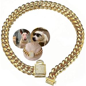 Gold Dog Chain Collar Stainless Steel with Zirconia Lock Luxury Dog Necklace 14MM Heavy Duty Cuban Chain Collar for Small Medium Large Dogs (14mm Gold,22inch) (Gold, width 14mm)